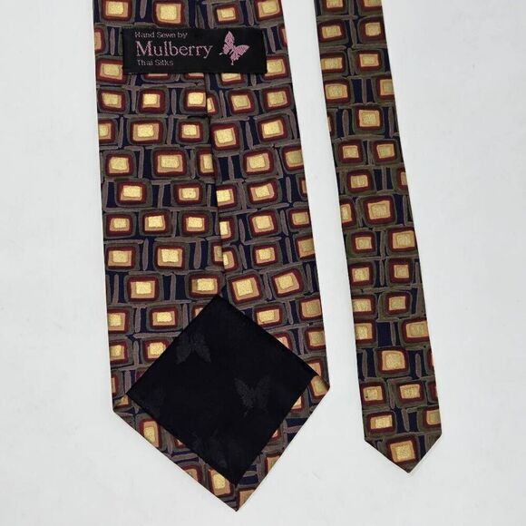 MULBERRY THAI HAND SEWN SILK TIE GOLD NEUTRAL ABSTRACT SQUARES 3.75" X 57" - Picture 2 of 2